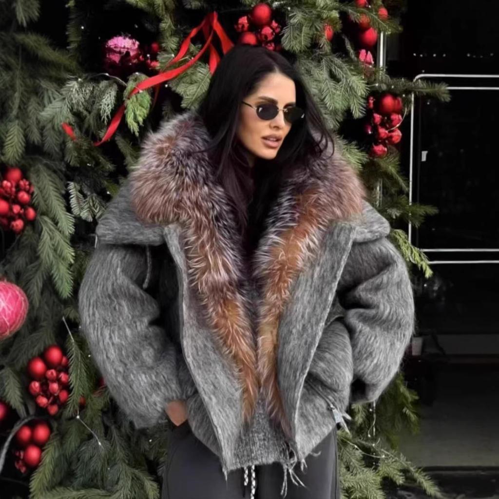 Winter explosion fox fur jacket big fur collar short thermal goose down jacket women