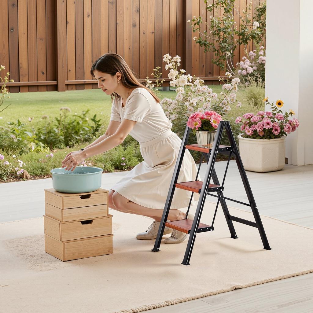 3 Step Ladder, Folding Step Stool with Wide Anti-Slip Pedal and Comfort Handgrip, Lightweight 150 kg Capacity Portable Aluminum Plant Support,