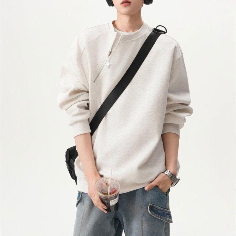 Young Style Fashionable Zipper Sweatshirts Autumn Round Neck Basic Men's Clothing Solid Color Loose Casual Long Sleeve Hoodies