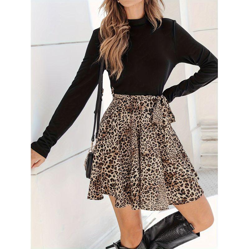 

и Американский Стиль Тонкий Леопардовый Принт Принт Юбка Европейский и Американский Персонализированный Повседневный Высокая Талия Утягивающая Живот Юбка Длины до Колена Длинная Юбка Black XS