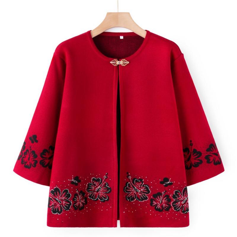Middle-aged and Elderly Mothers Wear Autumn Mother-in-law Knitted Sweater Two-piece Set Grandma Cape Jacket the Elderly Set Cardigan