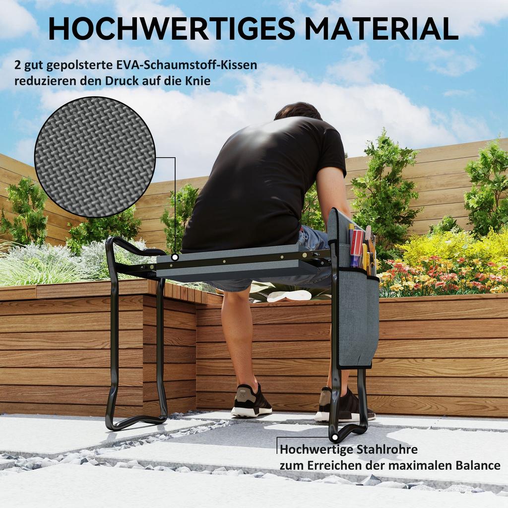 Steel Frame Padded Garden Kneeler, with Tool Bag - Grey
