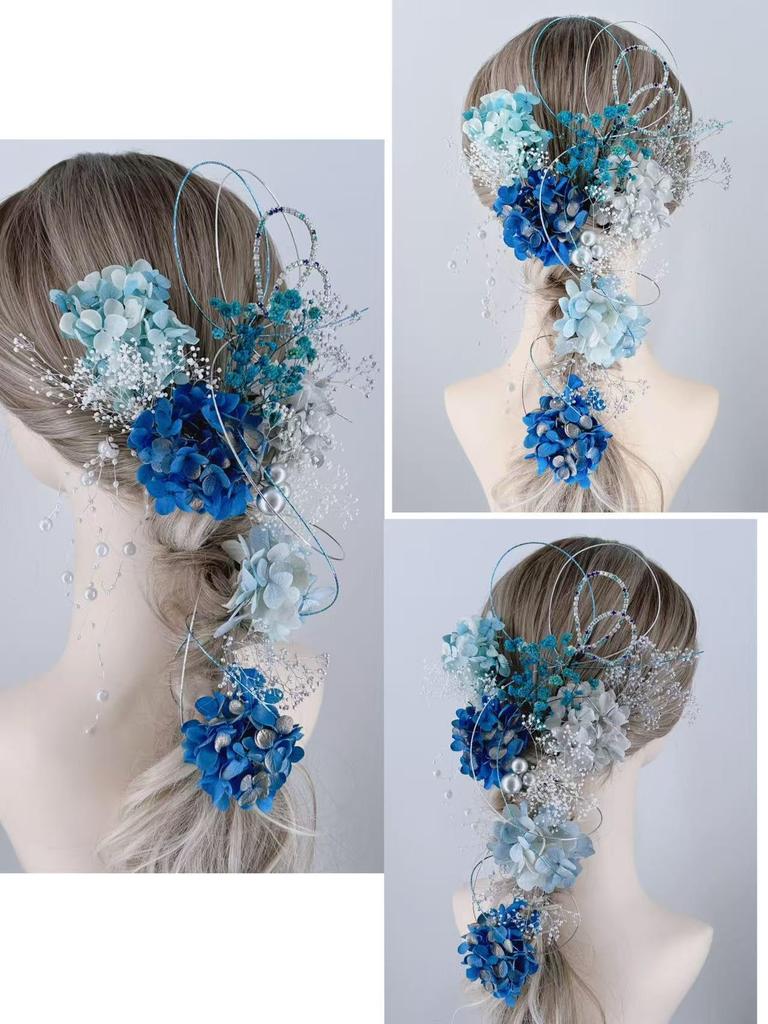 Hair Ornament for and and Gold Coming-of-Age Ceremonies, Graduations, Weddings Hydrangea, Baby's Breath, Pearl, Mizuhiki, Blue, White, Silver,