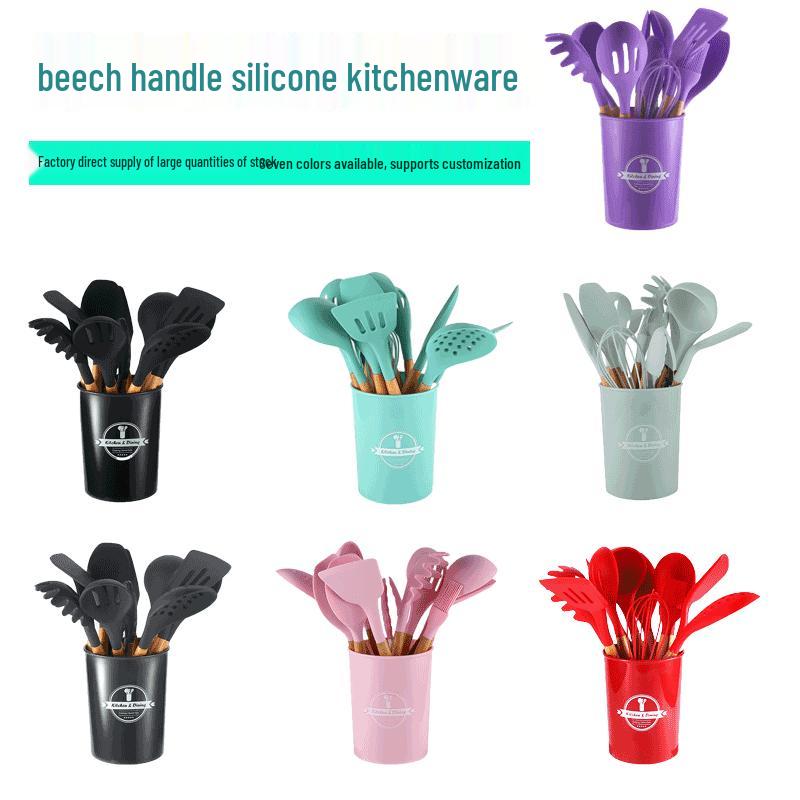 12-Piece High Temp Resistant Silicone Kitchen Utensil Set with Wooden Handles