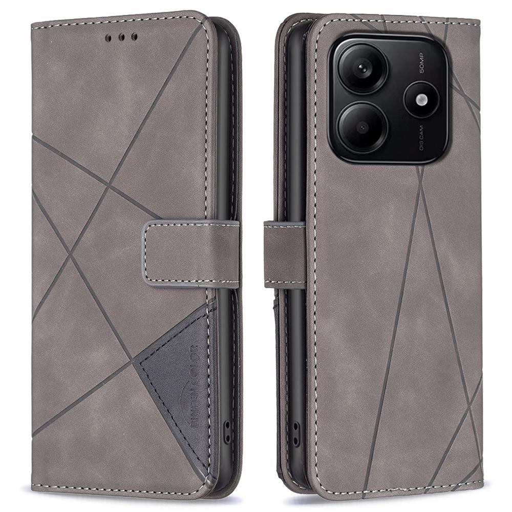 

BINFEN COLOR For Xiaomi Redmi Note 14 4G (163.25mm) Phone Cases Wallet Stand Geometry Imprinted Leather Cover Grey