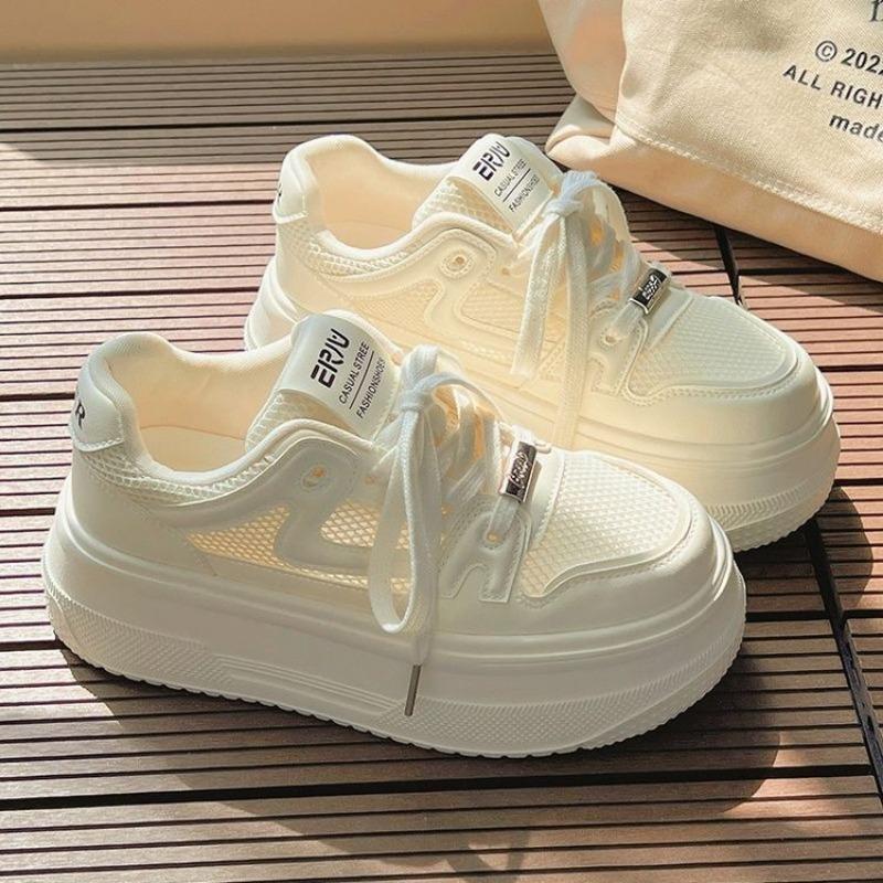 

Тайчжоуские кроссовки на толстой подошве из сетки на шнуровке, новые, с круглым носком, увеличивающие рост, дышащие, женские, студенческие, повседневные, кеды, женские 40 белый