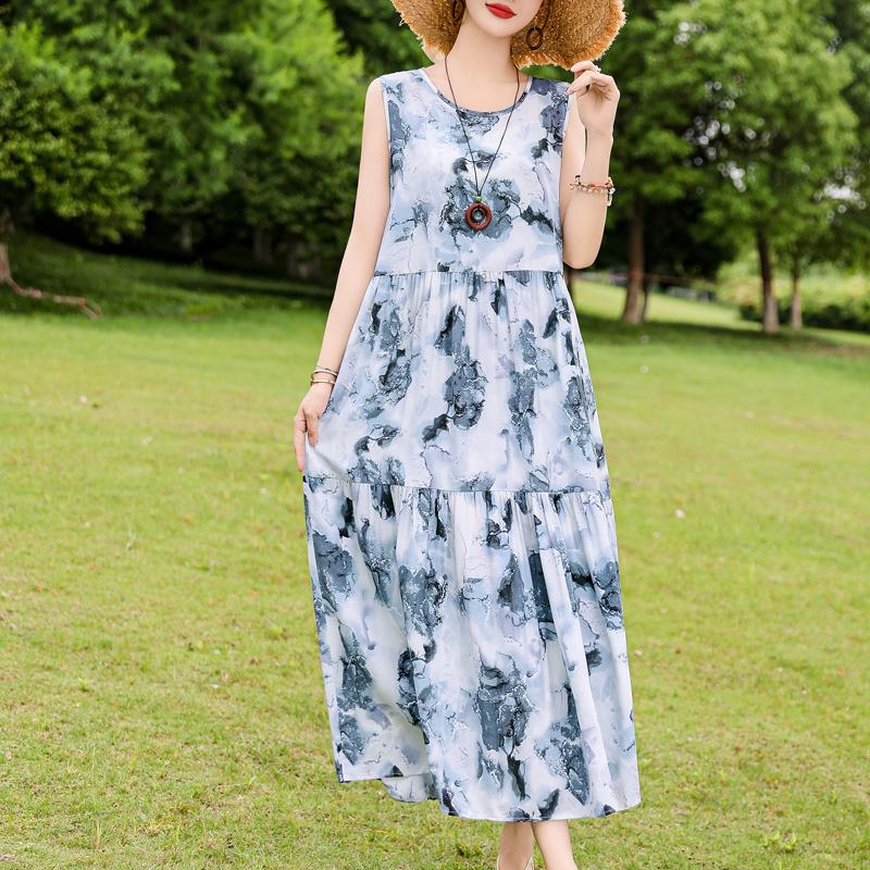 Elegant Sleeveless Dress for Women Plus Size Loose Vintage Print Long Dress Summer Middle-aged Women's Clothing