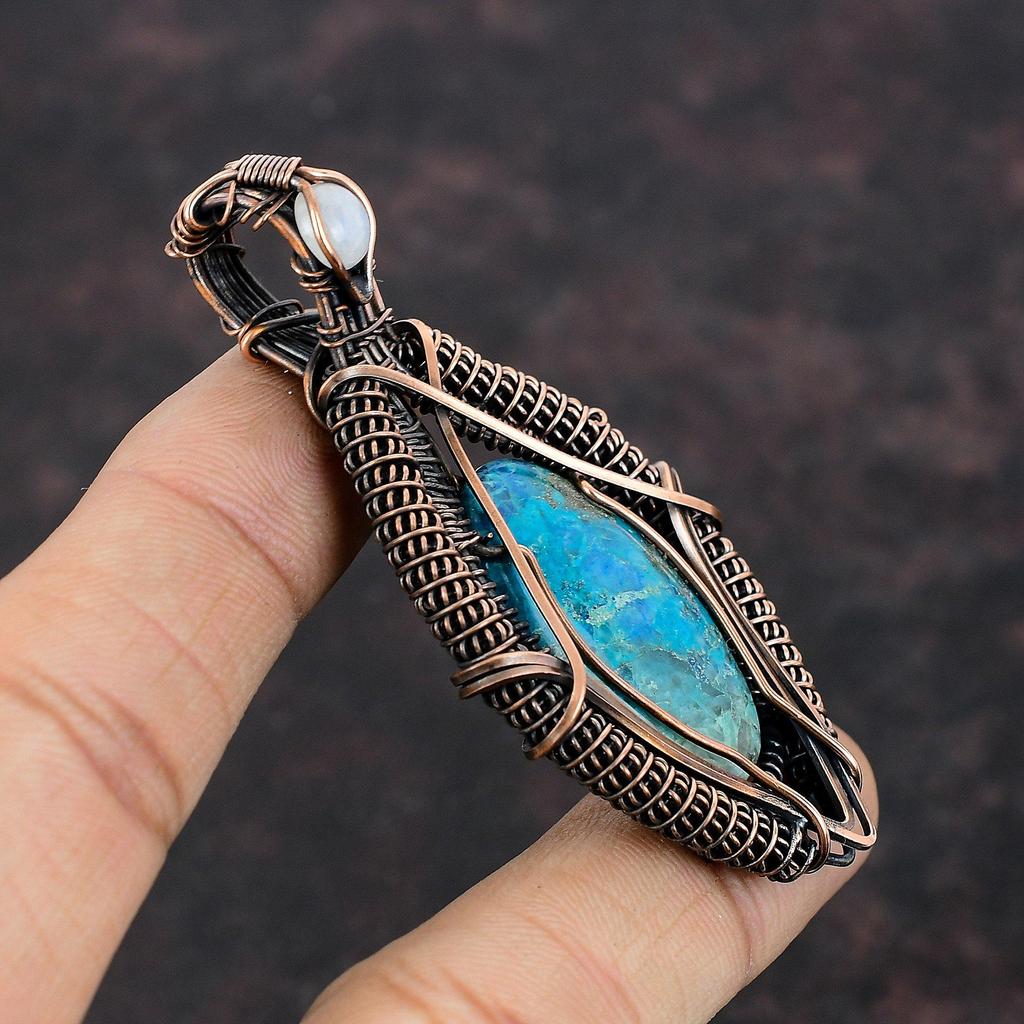 Chrysocolla Pendant Copper Wire Wrapped Pendant Rainbow Moonstone Pendant Copper Wire Jewelry Gift For Him Handmade Natural Gemstone Pendant