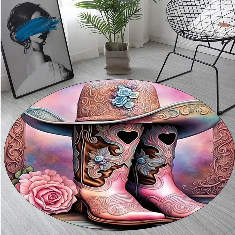Cowgirl Boots Hat Circular Rug Office Decorative Carpet For Living Room Bedroom Door Mat Floor Carpet Computer Chair Area Rug
