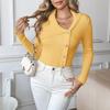 Women's Knit Button Up Cardigan Slim Fit Button Front Turn Down Collar Solid Color Soft Ribbed Knit Sweater Top