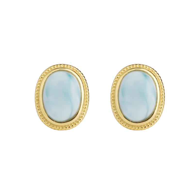 Natural Sea Pattern Stone Sterling Silver Stud Earrings S925 Oval Egg Surface French Retro Temperament Premium Earrings Women