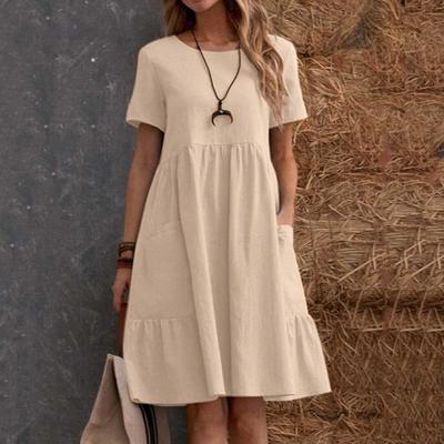 Summer Women's Evening Dresses Outfits Women Solid Vintage Cotton and Linen Loose Pocket Round Neck Short Sleeve Vestido Elegante