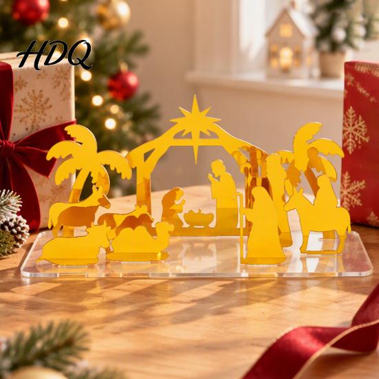 Christmas Party Supplies Acrylic Nativity Scene Ornament Manger Tabletop Decor Gold Desktop Decoration Elegant Holiday Home Display And Festive
