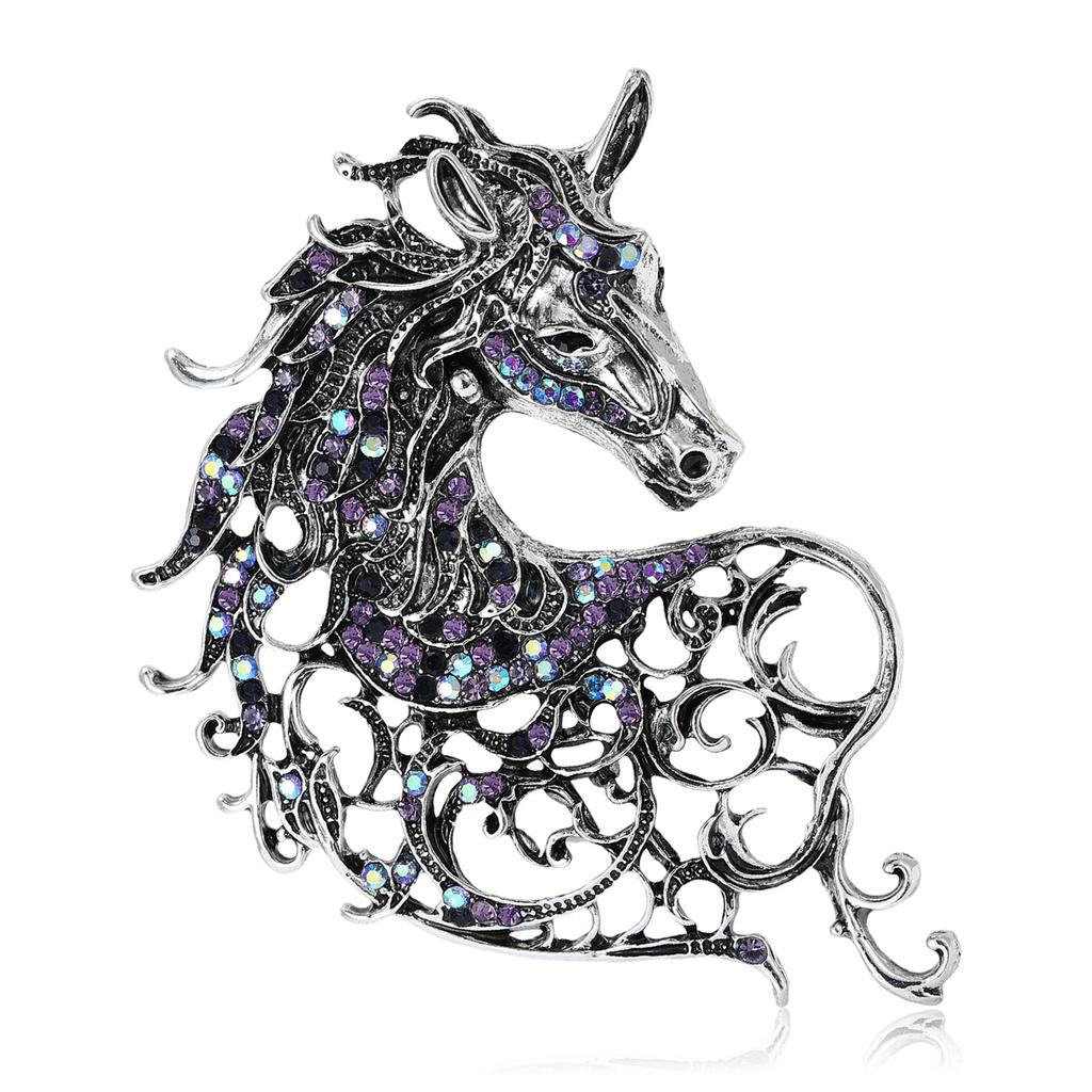 Vintage Rhinestone Horse Head Brooches for Women Zodiac Animal Pins Casual Party Accessories New Year Gifts Friends