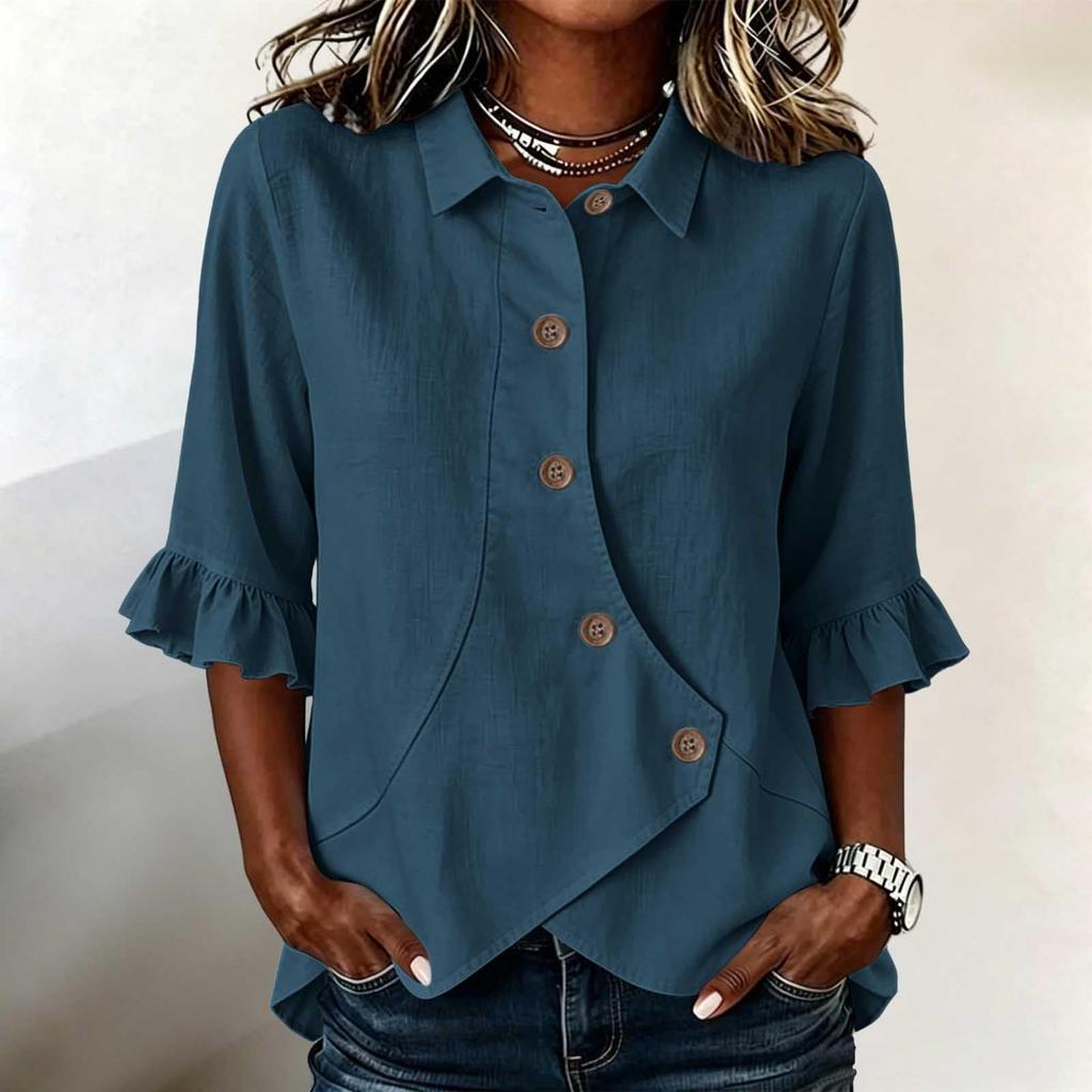 Women's Casual Button Down Shirt with Three-Quarter Sleeves and Ruffle Trim, Color Lapel Collar Blouse