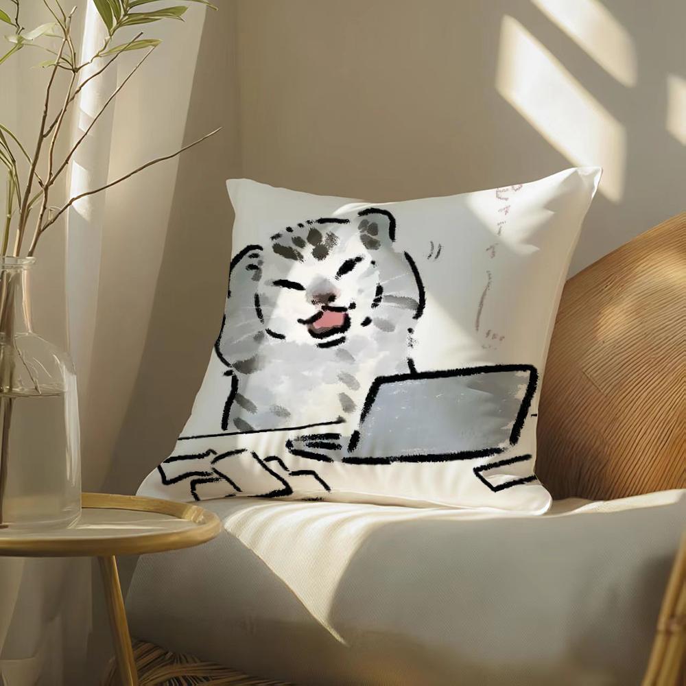 Funny Cat Thinking Network Pattern Cushion Cover Silky Elegant Comfort Sofa Bed Invisible Zipper Beach Pillowcase
