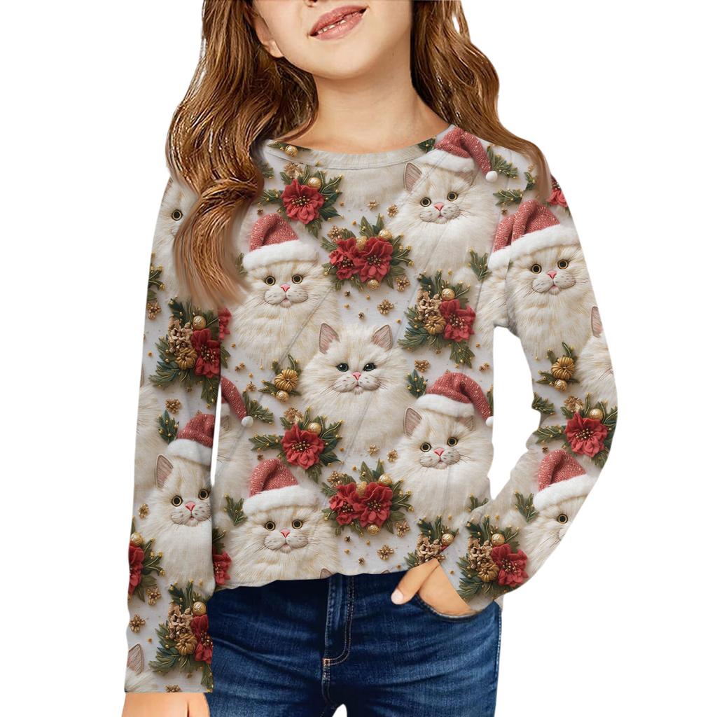 Girls' Long Sleeve Tee - Pleated Round Neck Casual Top