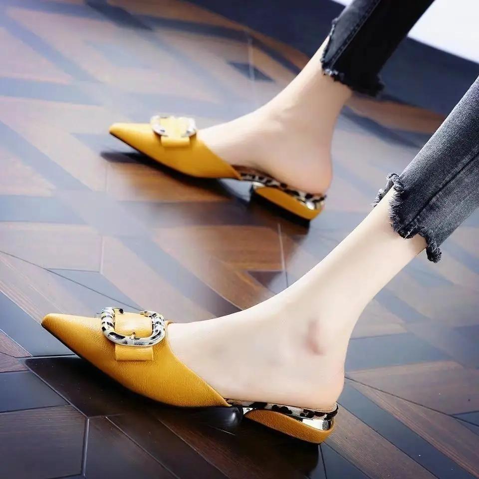 Fashion 2024 Outside Slides Flat Pointed Toe Leather Mules Low Heel Shoes Women's Slippers and Ladies Sandals Blue Chic Elegant I B W G