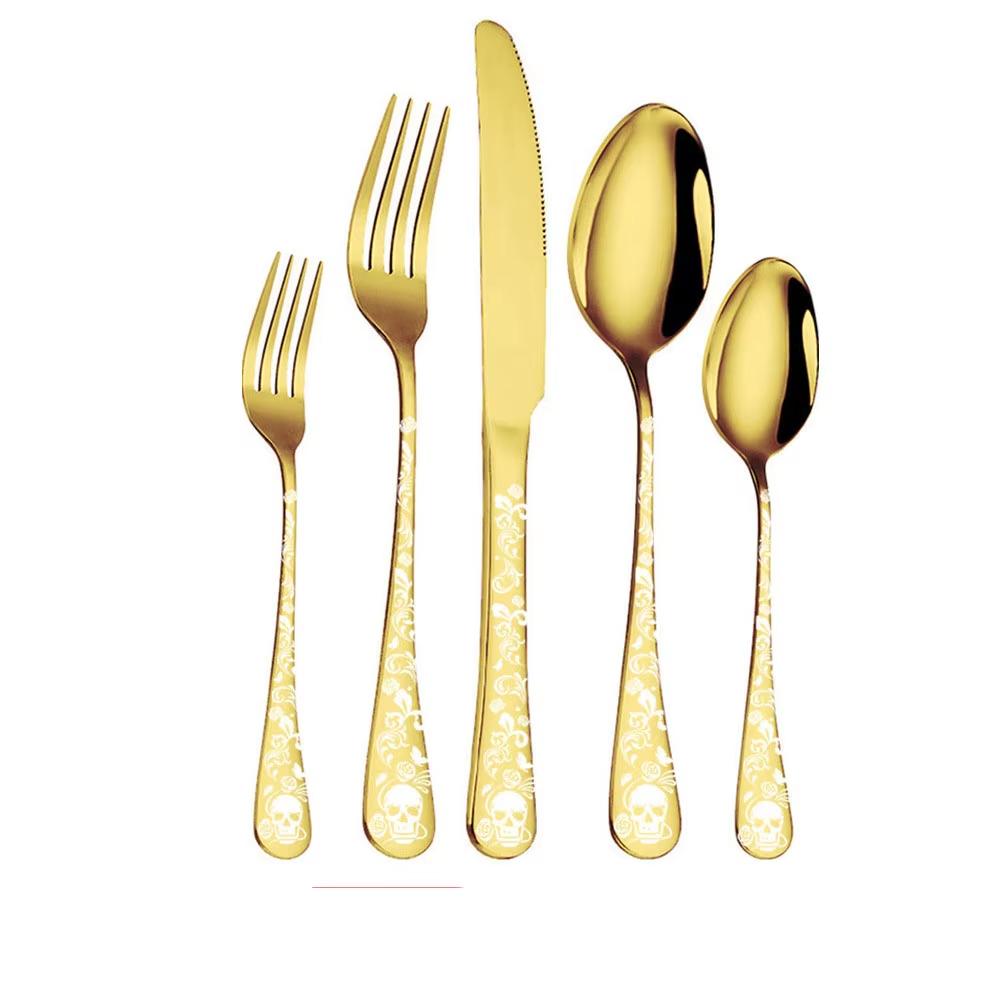 5-teiliges Besteckset Geschirr Edelstahl Gotisch Löffel Gabel Messer Halloween Totenkopfmuster Essgeschirr Westliches Besteckset
