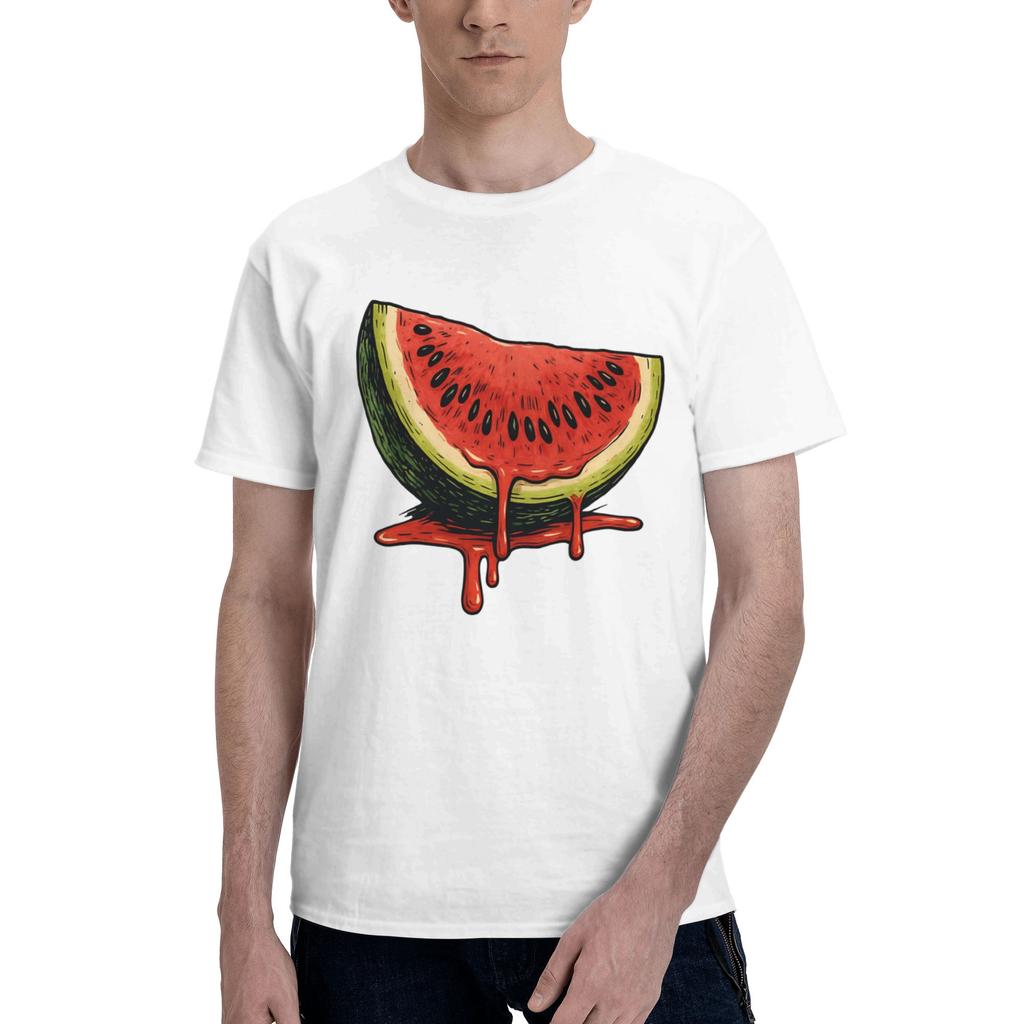 Juicy Slice Melting Summer Art Mens Watermelon print Fashion Tees Short Sleeve Crew Neck Pure Cotton Printed Clothes TShirt