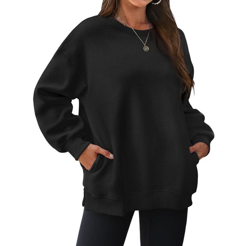 Fleece thickened pocket sweater women, loose round neck clothes in autumn and winter