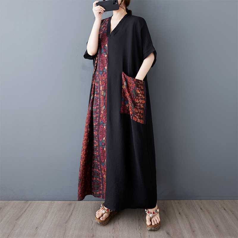 

Summer Women s Cotton and Linen V-neck Short Sleeved Long Dress one size