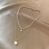 Elegant Double-Layer Pearl Necklace with Heart Zirconia Pendant for Women - Trendy Clavicle Chain