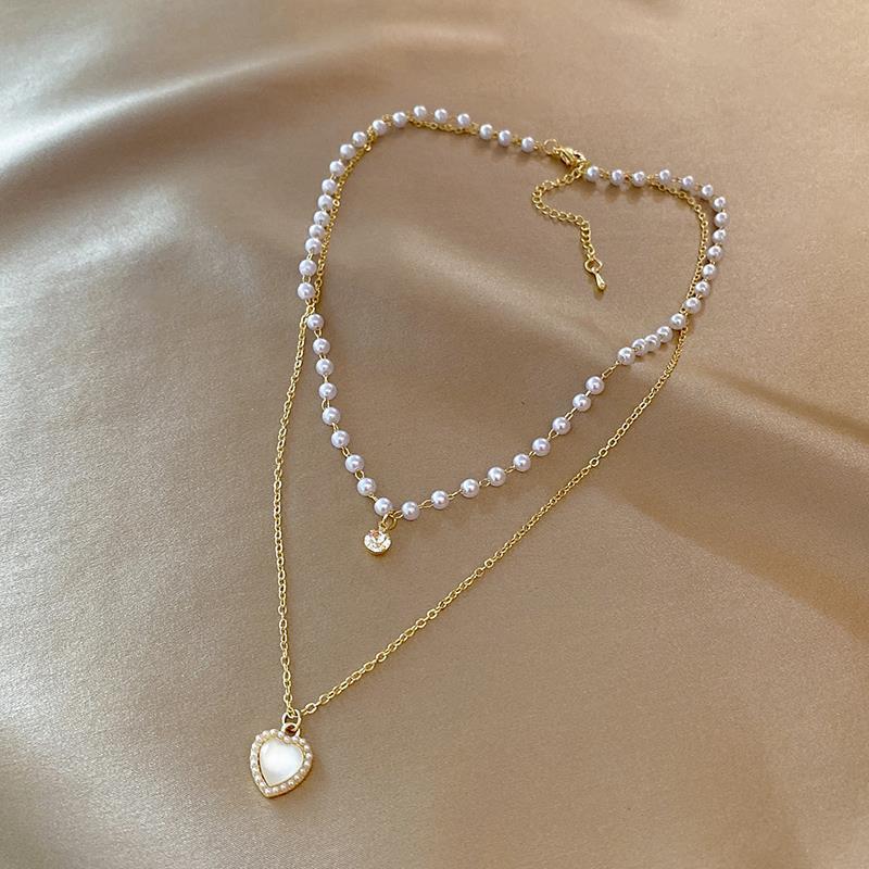 Elegant Double-Layer Pearl Necklace with Heart Zirconia Pendant for Women - Trendy Clavicle Chain
