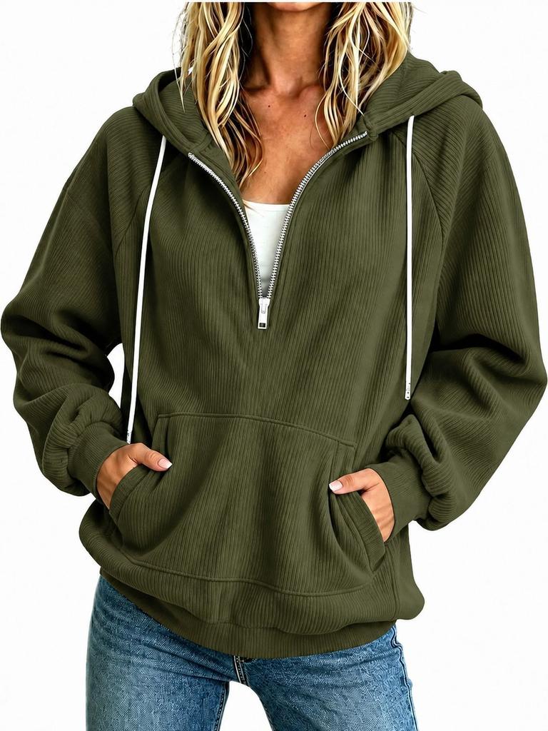 New European and American Women's Clothing Semi-zipper Hooded Sweater Loose Long-sleeved Drawstring Casual Top Spot Women