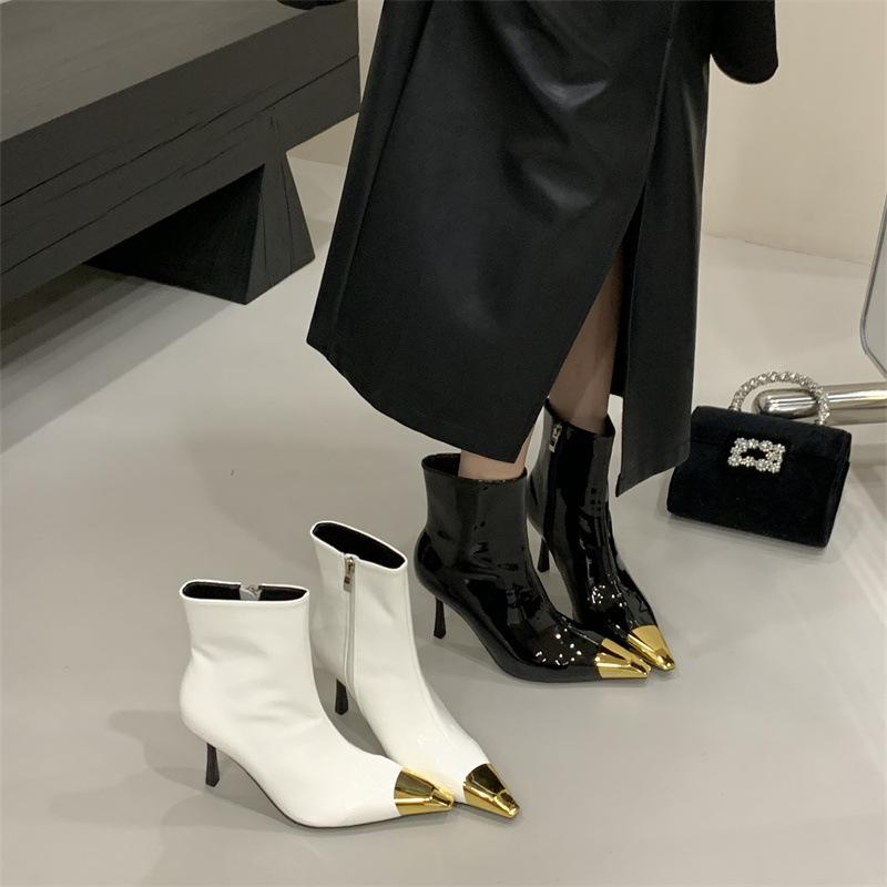 2025 new short boots patent leather metal pointed black thin boots women's autumn and winter new high-heeled temperament short boots women
