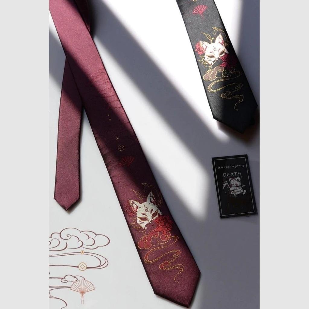 [AiO JAPAN] Necktie, Japanese Pattern, Black Nine-Tailed Fox, Gift, Small Gift, Present