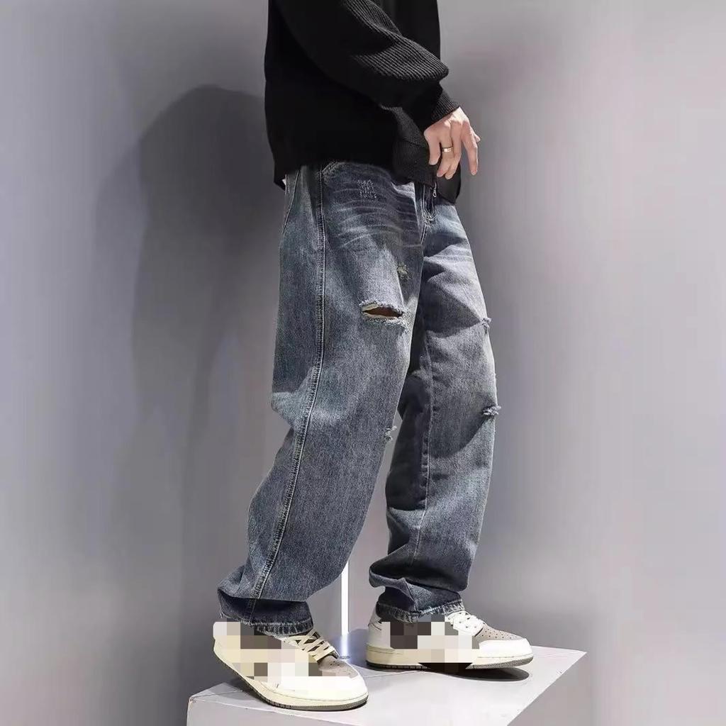 Men's Baggy Ripped Jeans Fashion Hip Hop Hole Streetwear Distressed Washed Trousers Straight Loose American Denim Pants