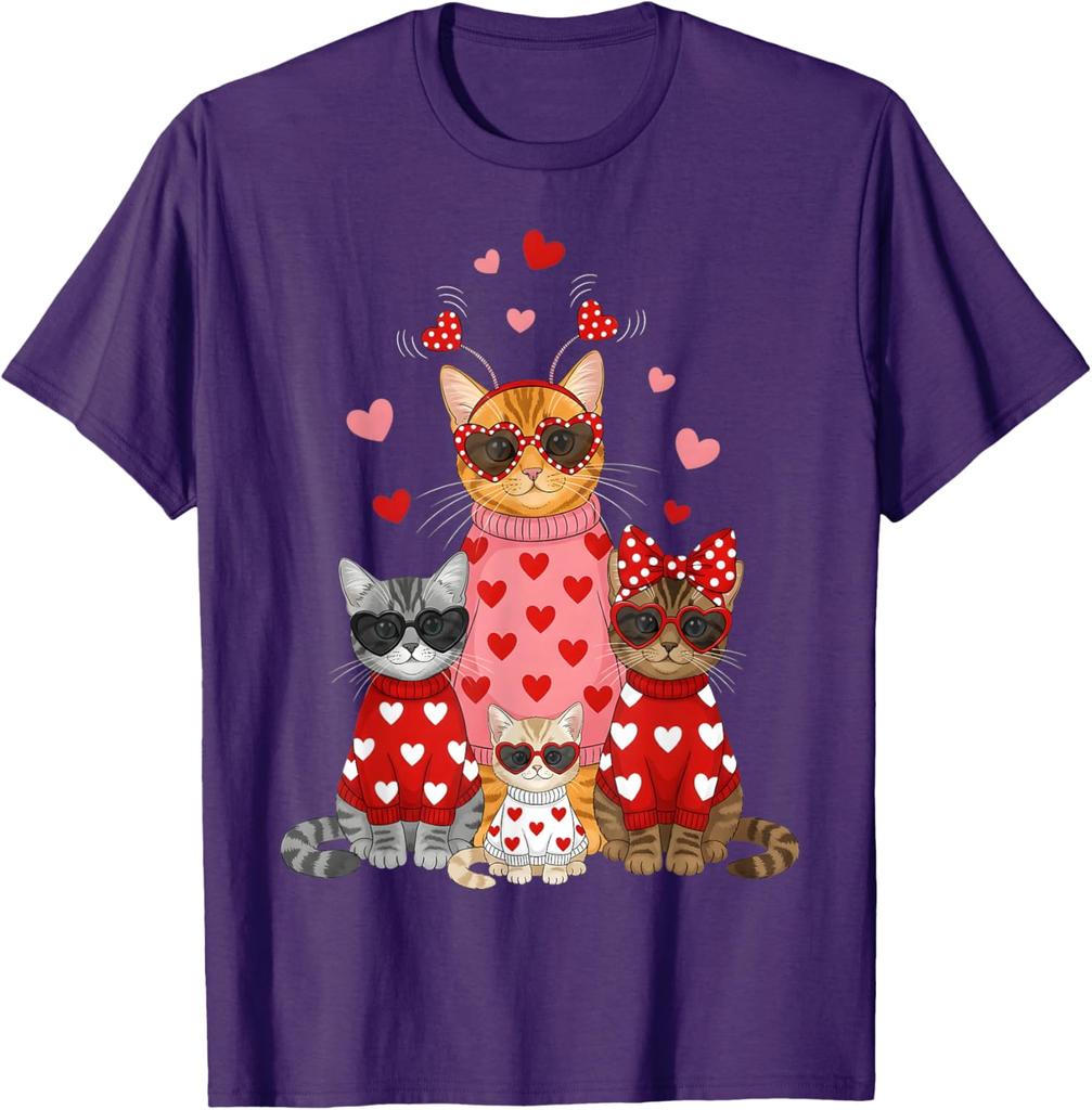 Lustiges Valentinstag Katzen Familie Grafik T-Shirt Niedliche Kätzchen Liebhaber Rundhals T-Shirt