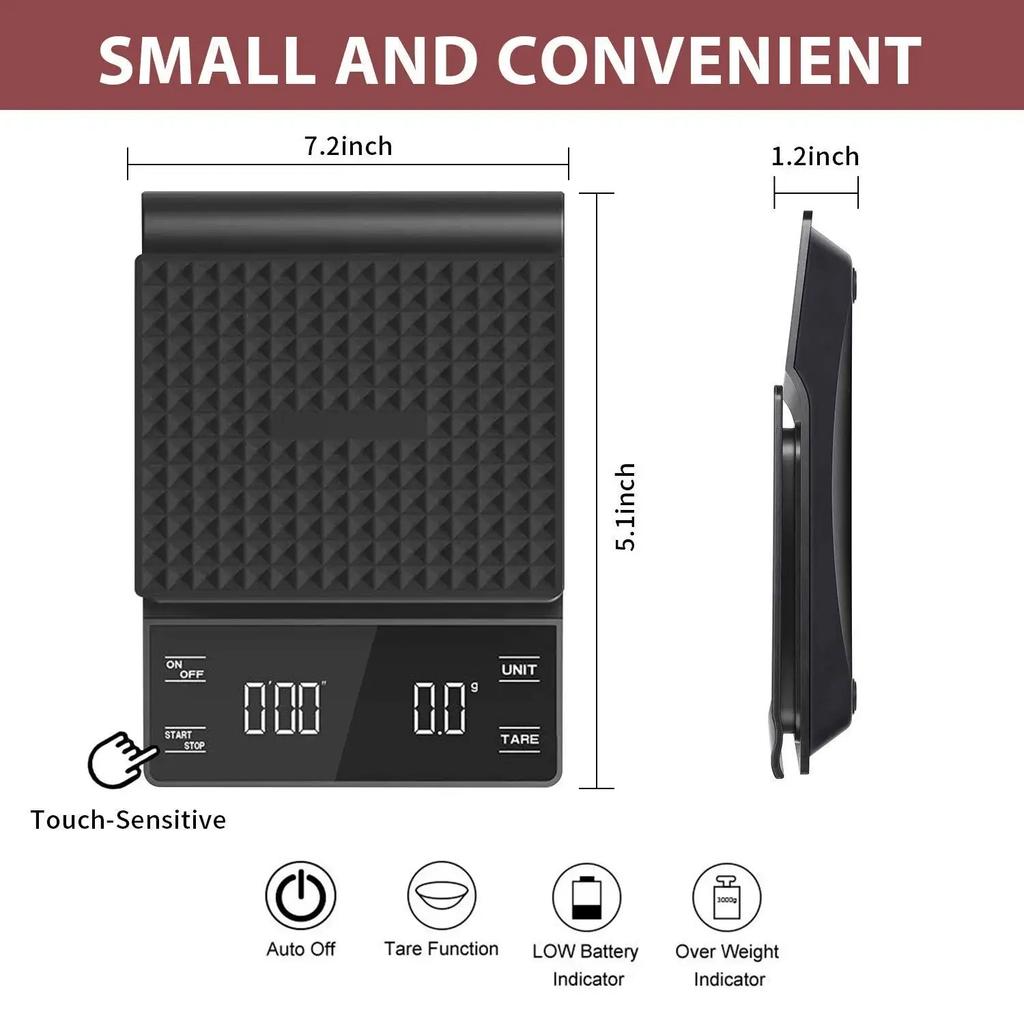 Coffee Scale with Timer Kitchen Tools Digital Multifunction Weighing Scale Pour Over Drip Espresso Scale LCD Display 3 kg/0.1g