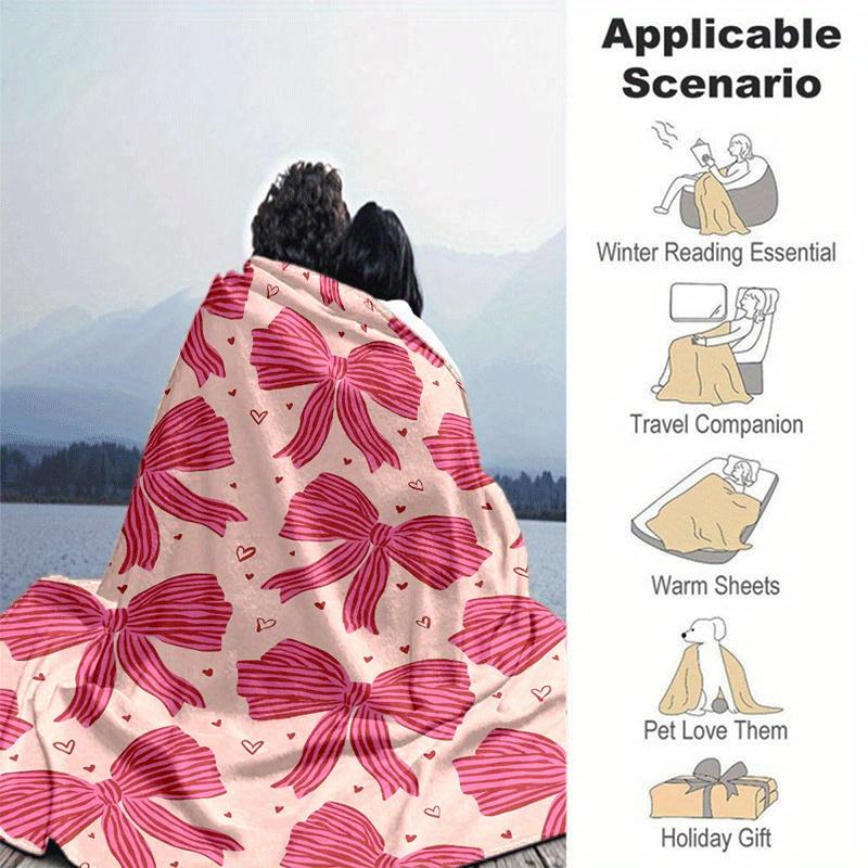 1pc Bow Printing Lightweight Flannel Blanket, Comfortable and Warm Blanket, for Camping Sofa Bed and Couch Office, Gift
