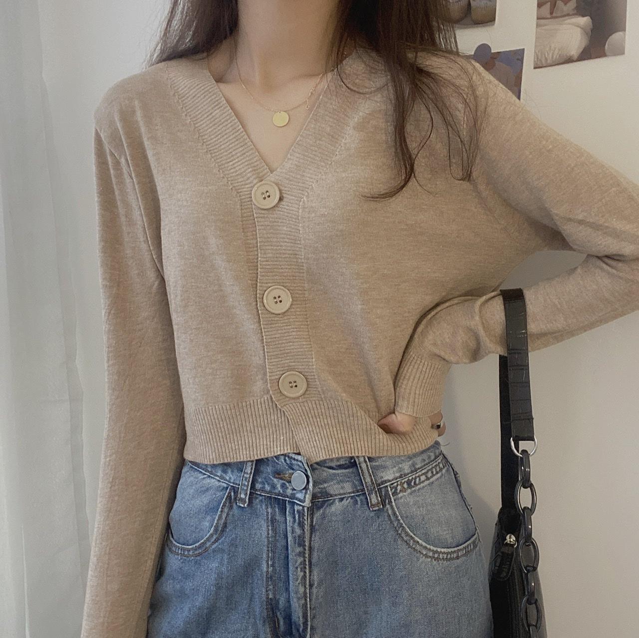 

Женский вязаный кардиган с v-образным вырезом, женский повседневный универсальный короткий топ в корейском стиле, свитер S пустынный