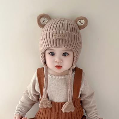 Zimní čepice na ochranu uší Teplá Hrubá Pletená Roztomilý Medvídek Dětská Proti chladu Bavlněná Podšívka Šněrování Kojenecká Batolecí Čepice Beanie
