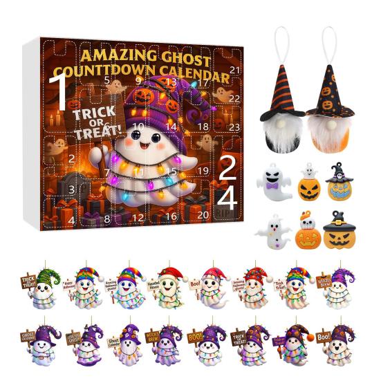 Halloween Advent Calendar 2025 24 Day Countdown Calendar with Acrylic Ghost/Gnome/Pumpkin Ornaments for Indoor Outdoor Home Party Decor