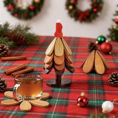 Yousheng Christmas Tree Trivet Set Wooden Heat-Resistant Coasters with Stand Festive Table Protector for Hot Dishes & Holiday Decor
