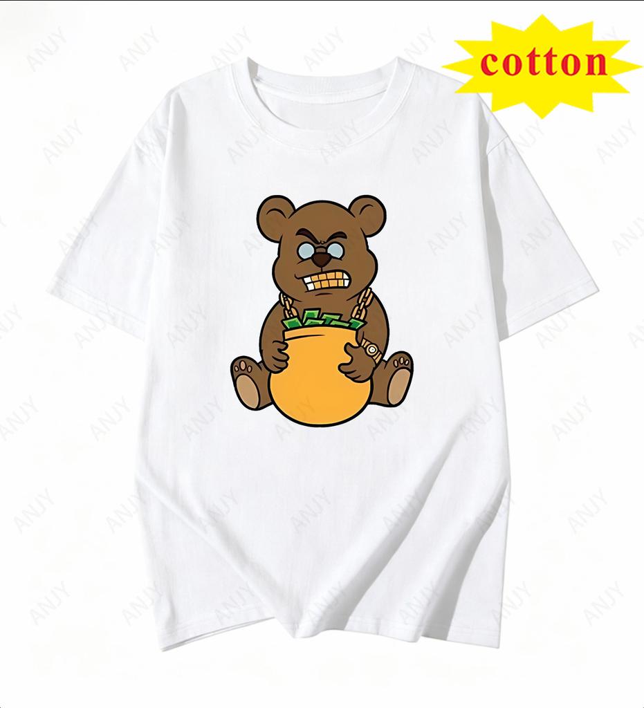 Rich Bear Theme Printed White Tshirt Sunglasses Gold Chain Money Bag Unisexs And Unisexs Casual Top