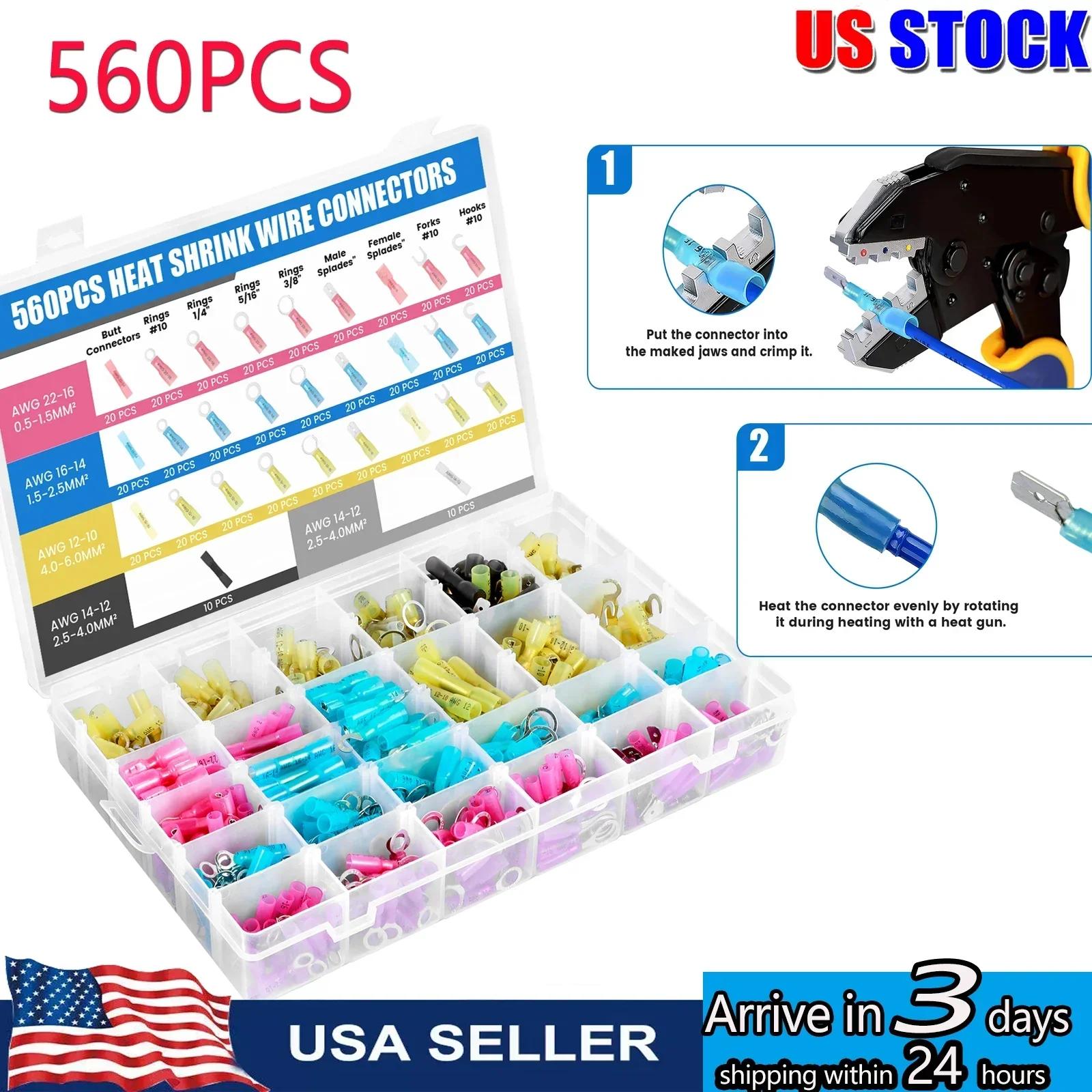 

560PCS Heat Shrink Wire Connectors,Electrical Connectors of Tinned Red Copper Waterproof Crimp Insulated Ring Fork Spade Butt