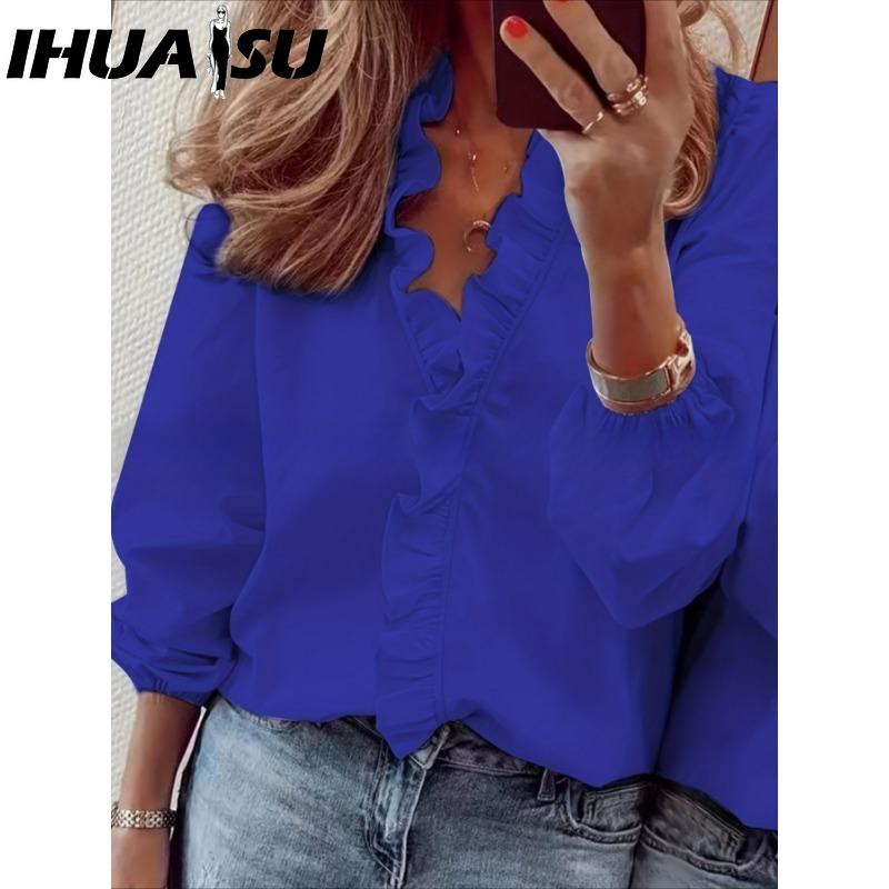 IHUASU Women's Fashion Casual Solid Color Print Long Sleeve V Neck Blouses & Shirts