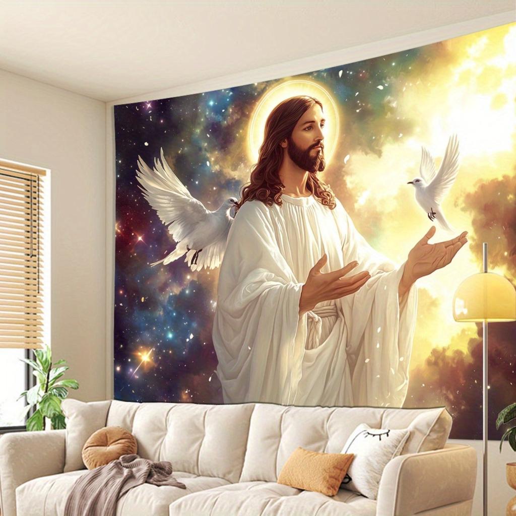 Jesus Wandbehang Heiliger Geist Taube Galaxie Hintergrund Religiöse Wandkunst Wandteppich für Wohnzimmer Schlafzimmer Heimdekoration