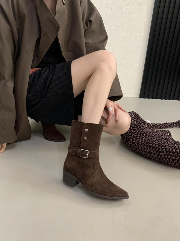 French niche two wear thick heel belt buckle short boots women's autumn and winter new retro classic sleeve suede thin boots