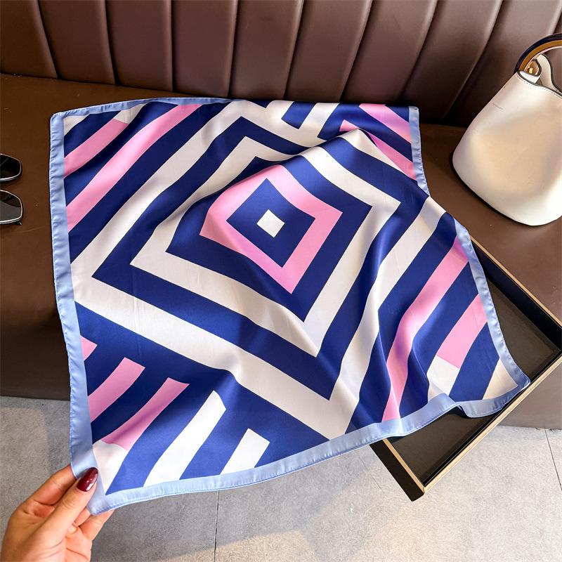 Striped Printed Silk Like Square Scarf For Women Fashion