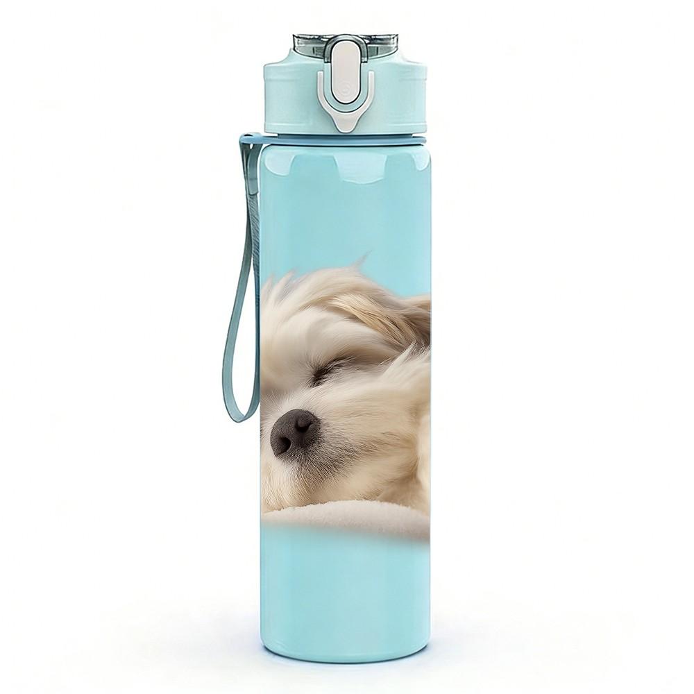 1PC Sleeping Fluffy Dog 750ml Color Plastic Sports Water Bottle Leakproof Flip Straw Lid Suitable for Sports Office Home Use