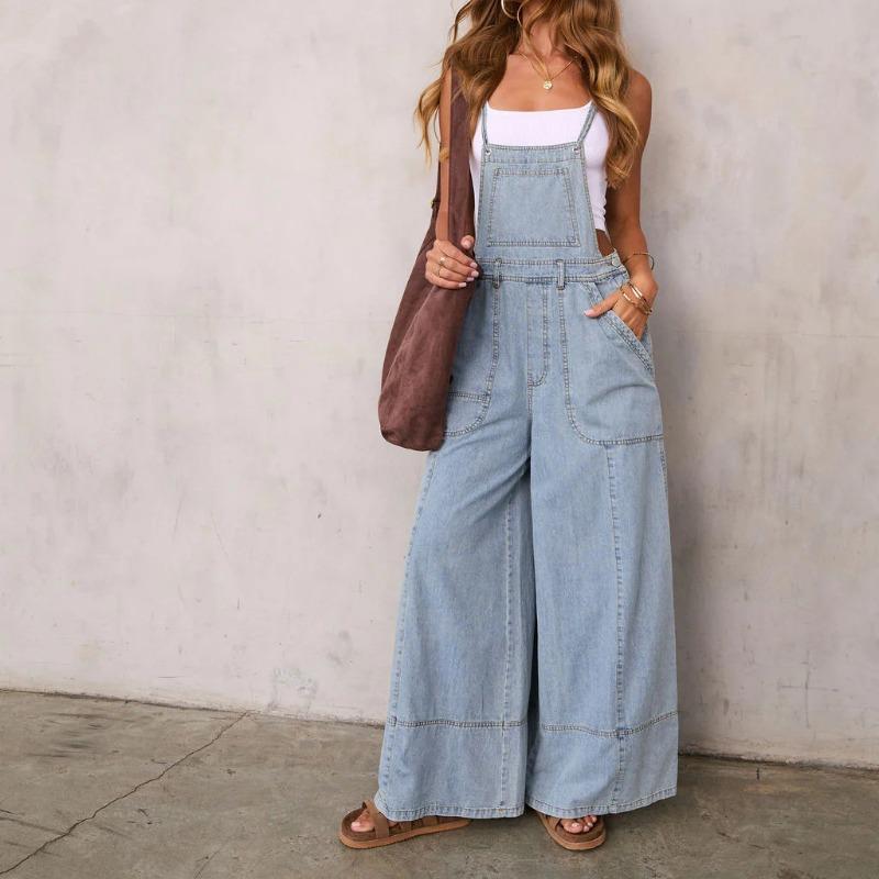 IHUASU Modischer Sommer Frühling Unifarbener Print Ärmelloser Denim Jumpsuit
