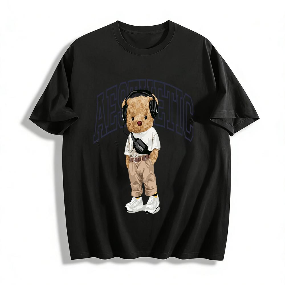 

AESTHETIC Headphone Bear Print Casual Crew Neck Unisex Tee Pure cotton T-shirt XXS