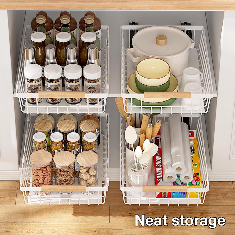 Kitchen Storage Rack Pull Out Cabinet Basket Under Sink Organizer Slide Out Pantry Shelves Sliding Drawer For Bathroom Kitchen