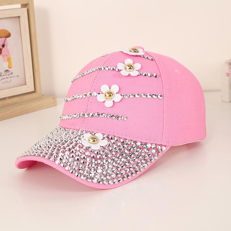 Trendy diamond-encrusted four-flower soft-top cowboy baseball cap for women's daily commute with a versatile sun hat